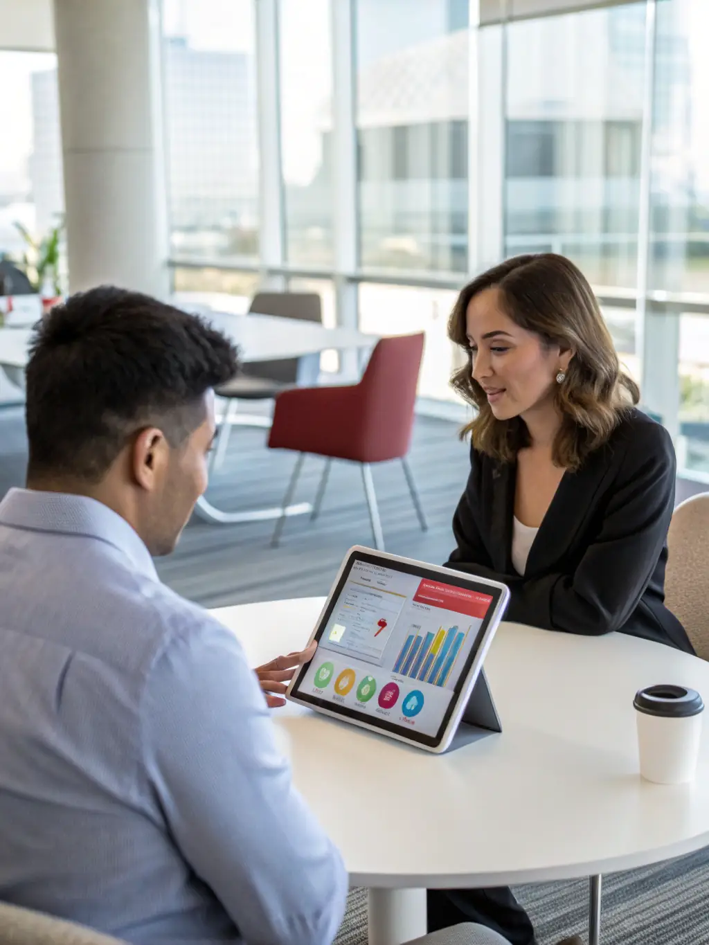 An AI-powered sales assistant analyzing sales data and generating leads in a bright, collaborative workspace.