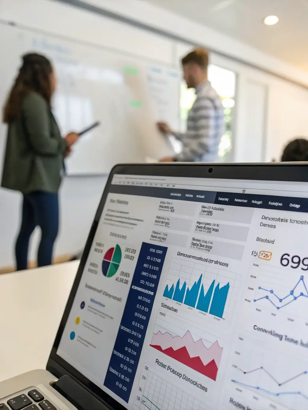 An AI marketing assistant optimizing marketing campaigns and analyzing data on a computer screen with charts and graphs.