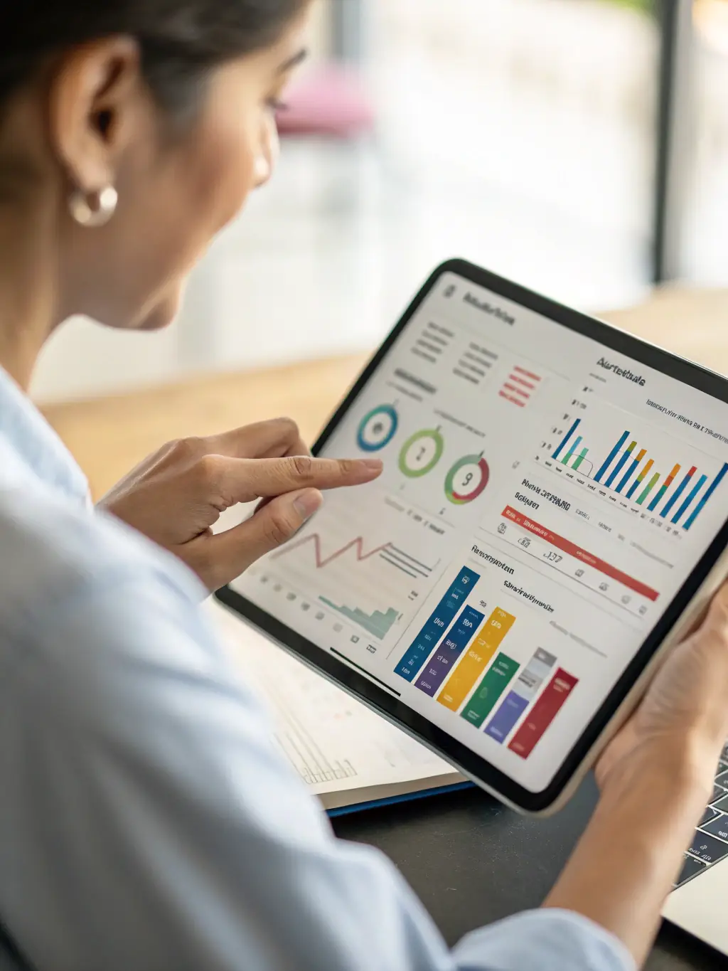 An AI accounting assistant processing invoices and managing financial data in a clean and organized office environment.