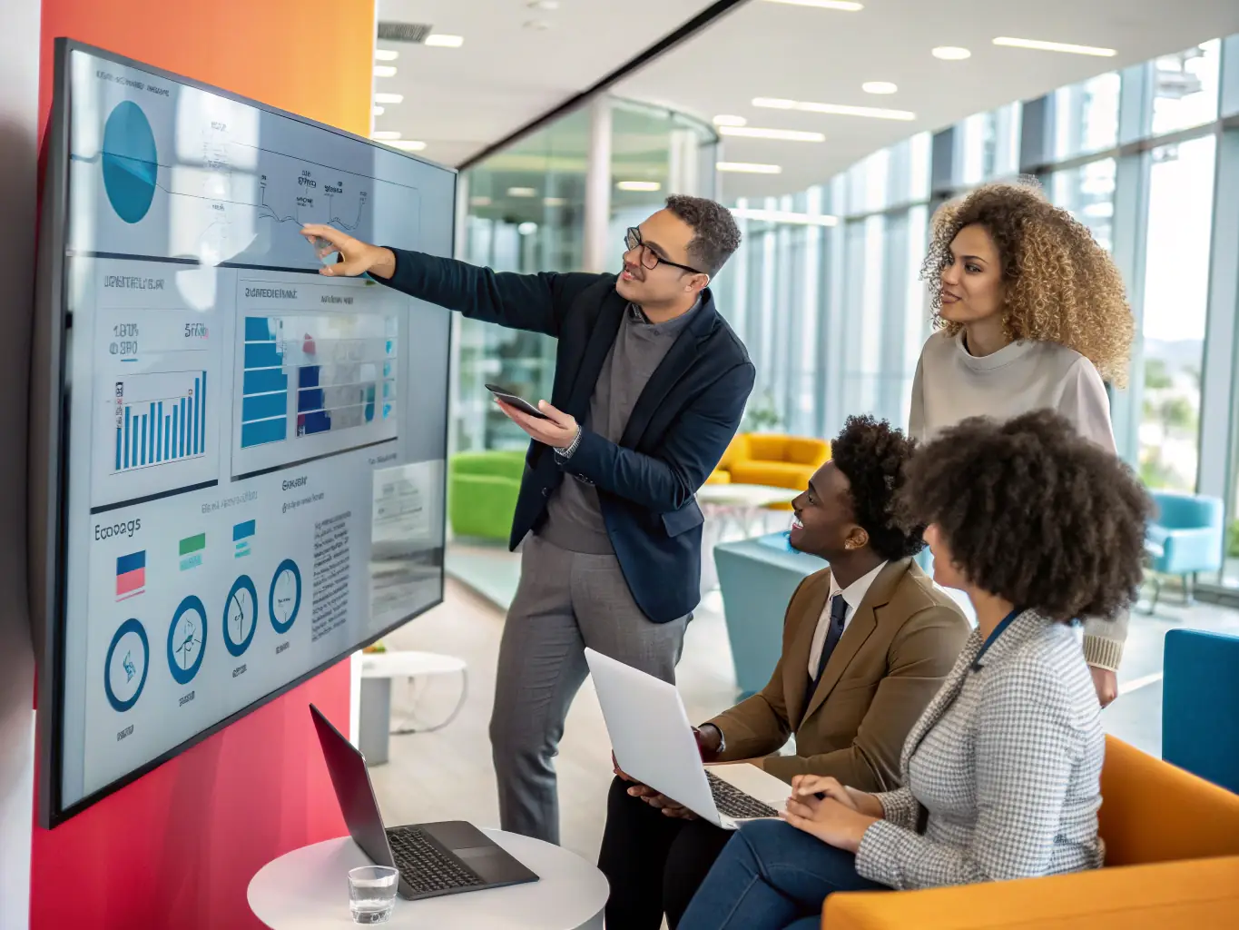 A digital illustration of a diverse team of AI assistants working collaboratively in a modern office environment, optimizing workflows and increasing productivity.