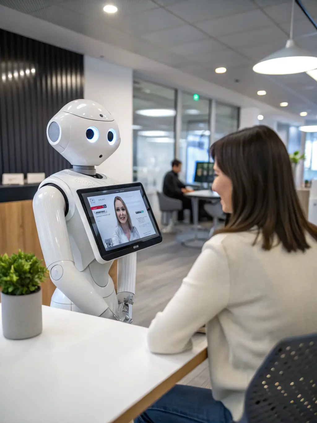 A professional AI assistant answering phone calls in a modern office setting, showcasing efficiency and a friendly demeanor.